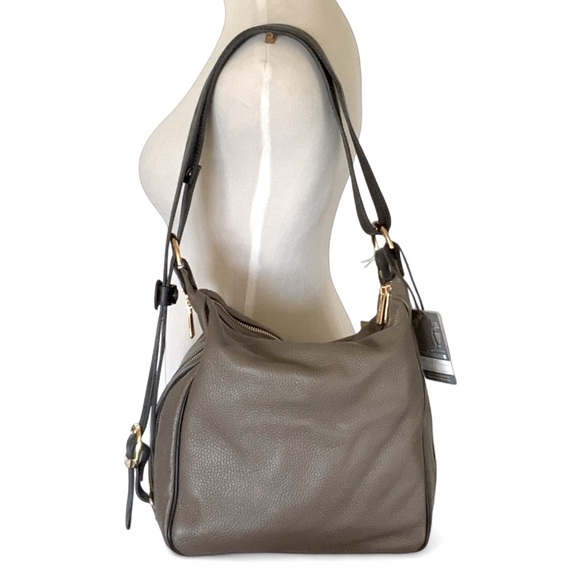 Valentina Hobo Shoulder Backpack Italian Taupe Black Leather NWT - Picture 2 of 16